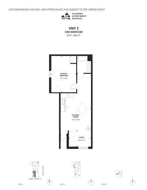 Floor plan for 1 bed, 1 bath, 684 sqft